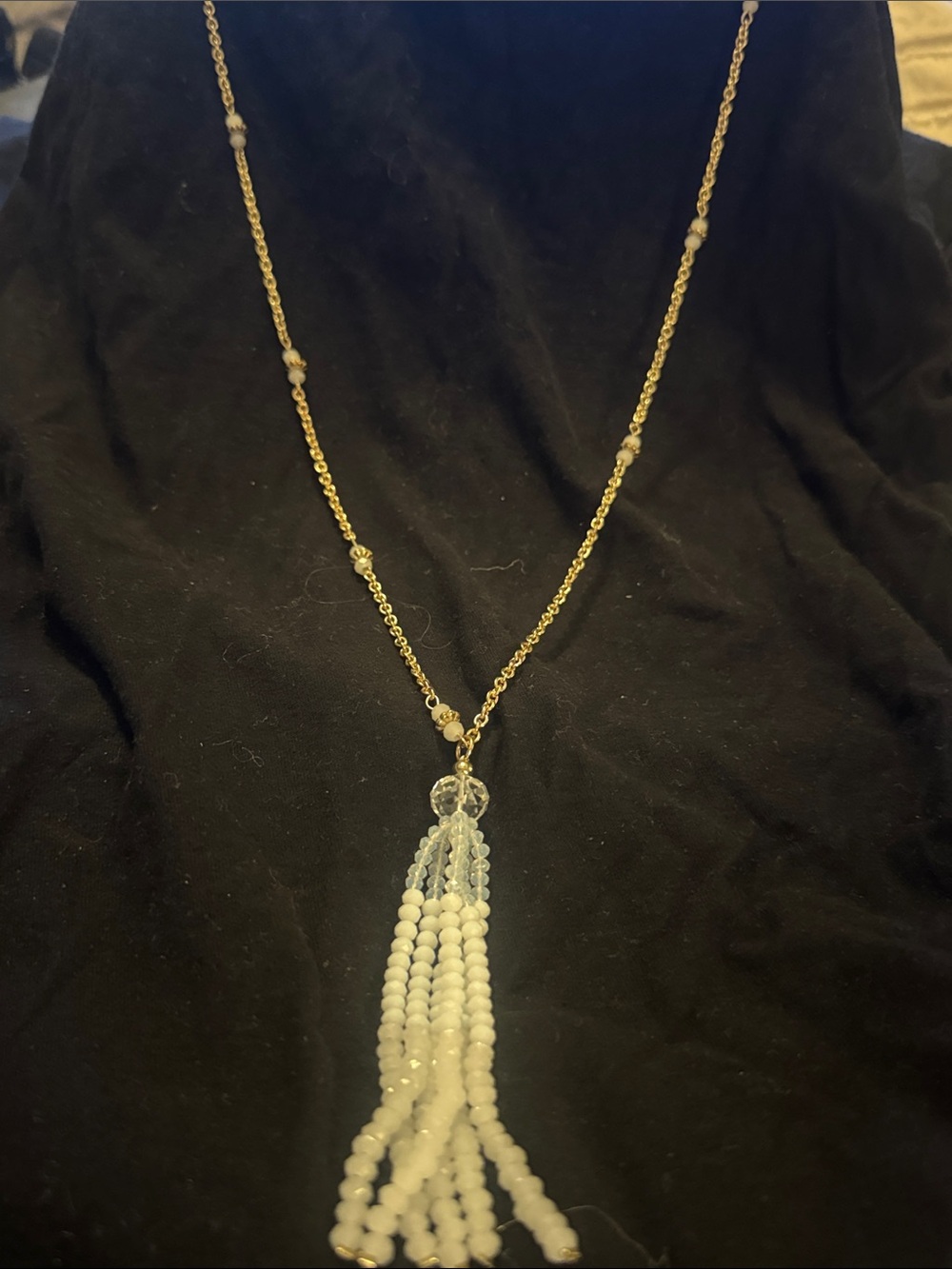 Vintage find Gold Chain beaded Necklace with White Beaded Tassel